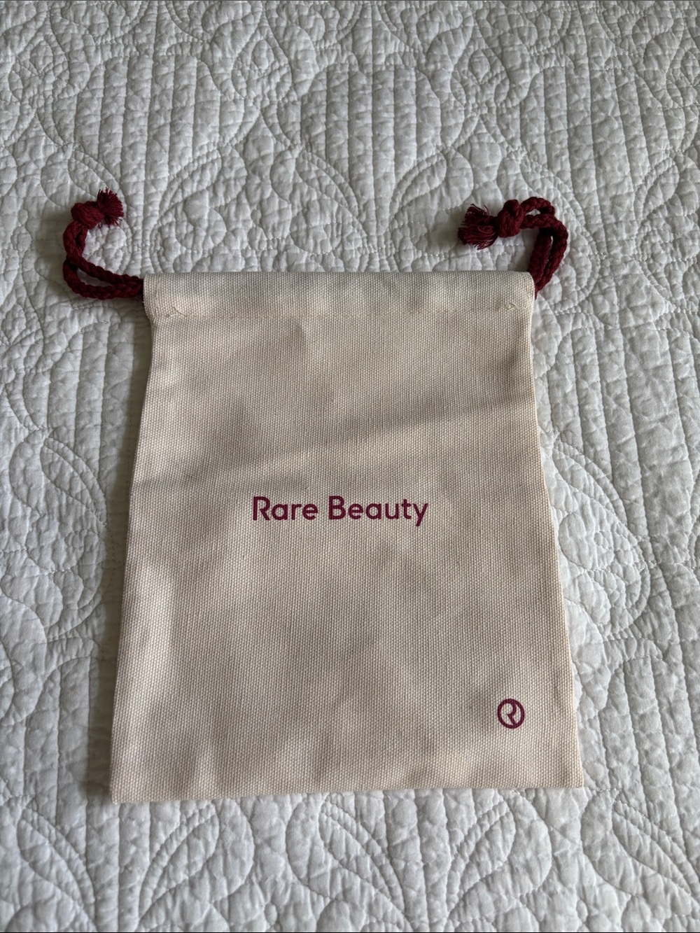 Rare Beauty Cream Canvas Drawstring Pouch Bag with Burgundy Accents